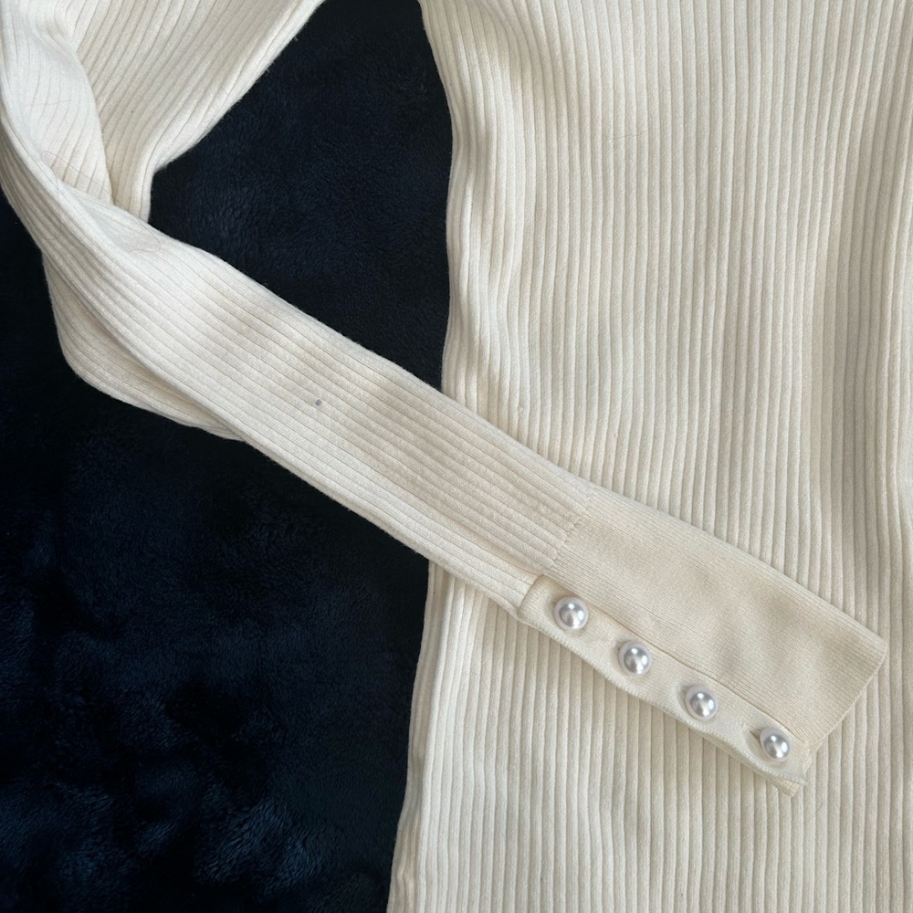 LOFT Cream Ribbed Sweater with Pearl Button Detail